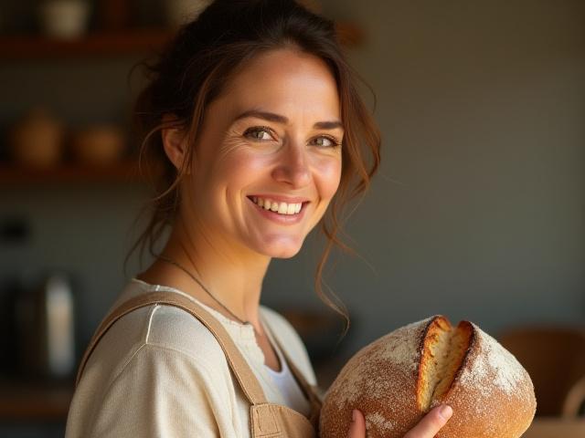 Luanne E Anile, founder of LUANNE E ANILE, smiling warmly while holding a perfectly baked rustic loaf of sourdough bread.