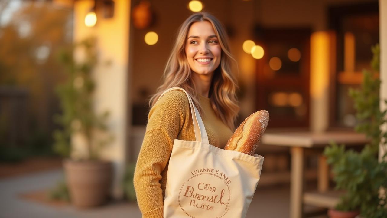 Smiling person carrying a branded bread bag with a subscription tag