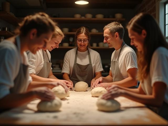 A small group of enthusiastic students, hands covered in flour, smiling and learning to shape bread dough with Luanne in a warm, rustic bakery setting.