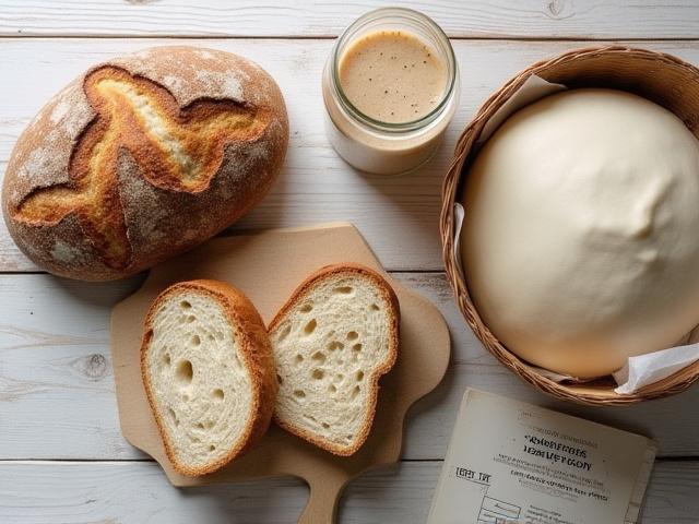 An artfully arranged collection of items a student takes home: a jar of active sourdough starter, a proofing basket with shaped dough, a freshly baked rustic sourdough loaf cut open to show its crumb, and a detailed instruction booklet, all on a light rustic table.