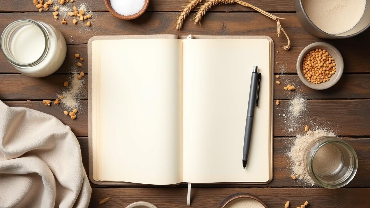 Artisan bakery notepad and baking ingredients laid out on a rustic table.