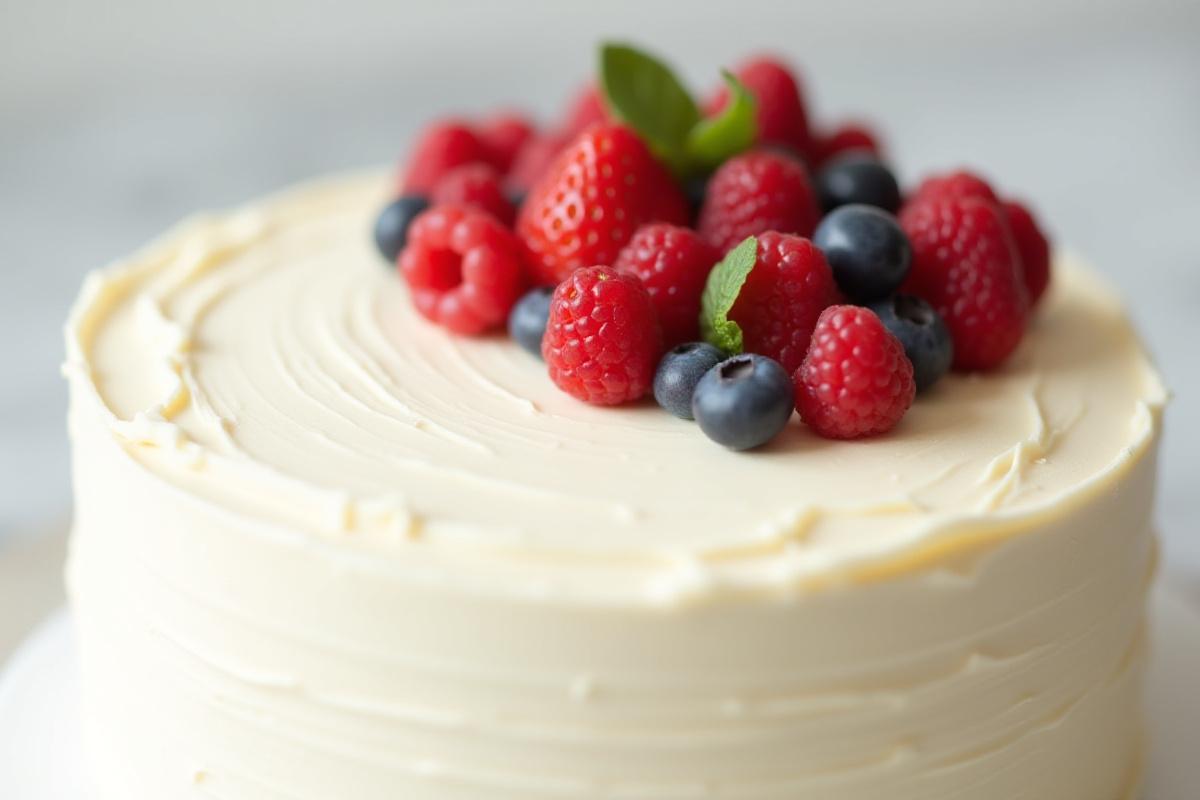 A single-tier rustic birthday cake elegantly decorated with fresh berries and minimal frosting.