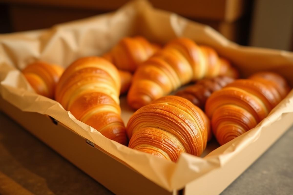 An open box showcasing an assortment of freshly baked croissants and pastries, ready for delivery.