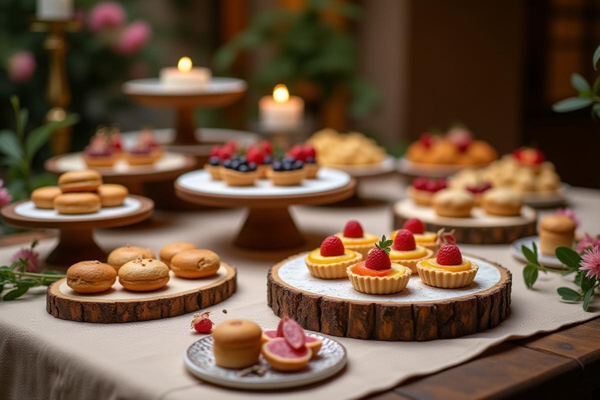A beautifully arranged dessert table featuring mini tarts, cookies, and scones for an event.
