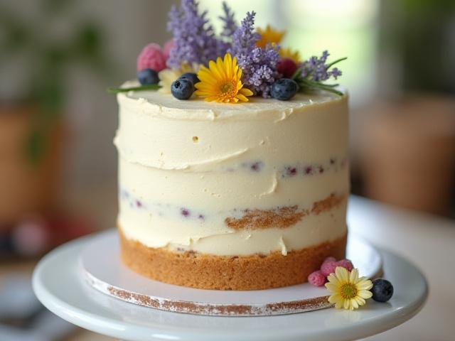 A beautifully decorated single-tier rustic birthday cake with fresh flowers and berries, indicative of a celebration.