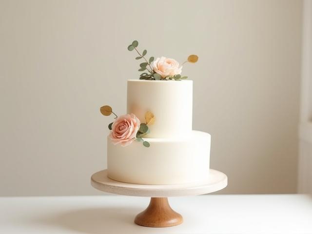 A charming two-tier elopement cake with subtle floral details, perfect for an intimate wedding celebration.