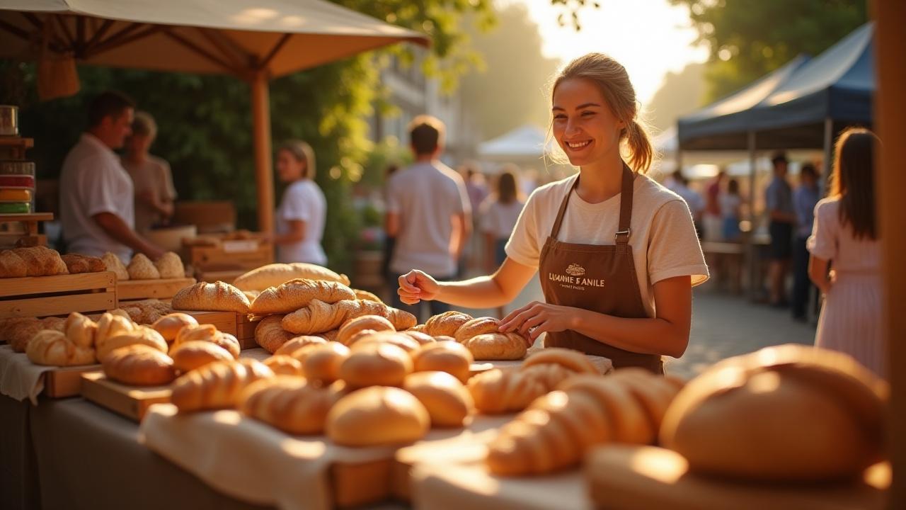 A bustling farmers market stall of LUANNE E ANILE with fresh sourdough breads and pastries on display, smiling customers interacting with the baker.
