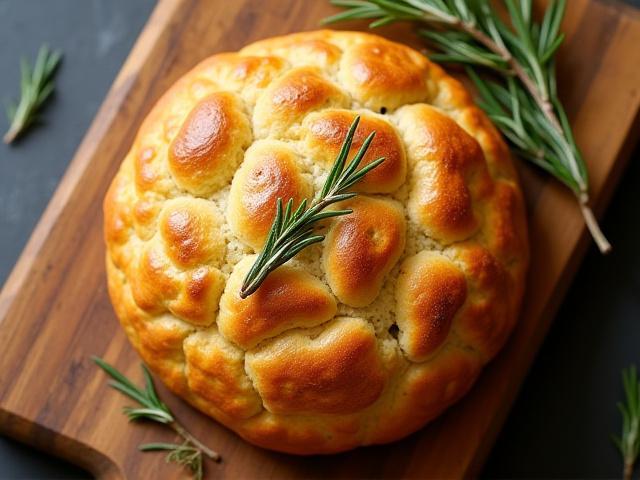 Golden vegan olive oil & rosemary focaccia bread on a baking sheet.