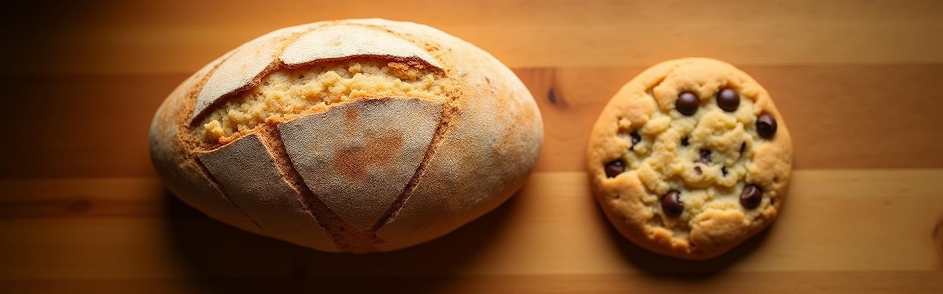 A beautifully crusted gluten-free sourdough loaf next to a delicate vegan chocolate chip cookie, on a warm wooden background.
