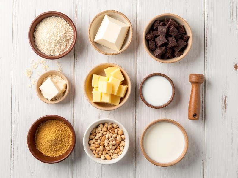 Close-up of premium gluten-free and vegan ingredients like various flour blends, plant-based butter, and fresh psyllium husk in artisan bowls.