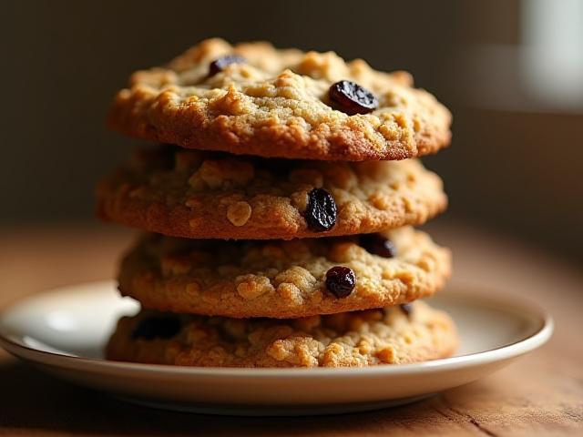 Chewy vegan oatmeal raisin cookies, golden brown with visible oats and raisins.