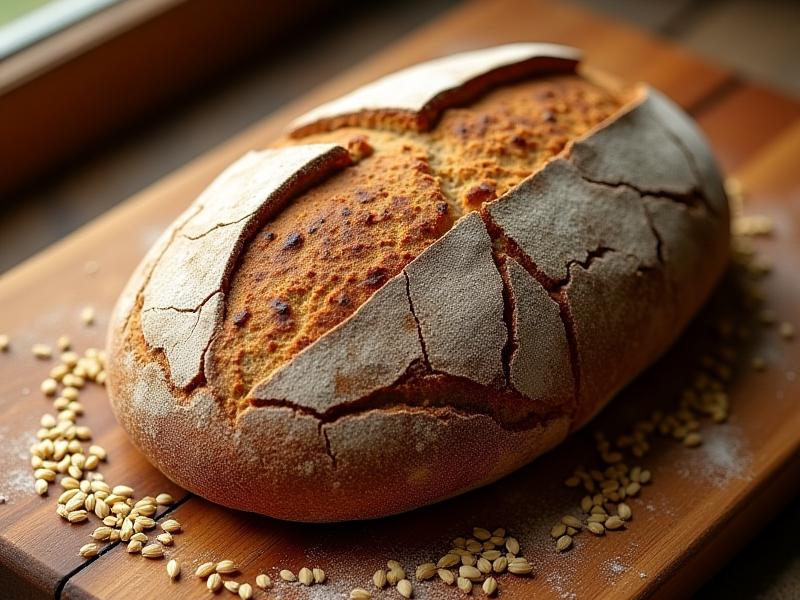 A rustic, dark heritage grain loaf with a deeply scored crust on an artisan wooden board, with scattered grains around it.