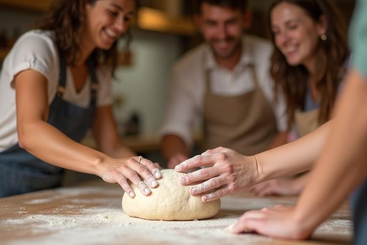 A small group of smiling people in a baking class, hands covered in flour, shaping dough on a wooden table