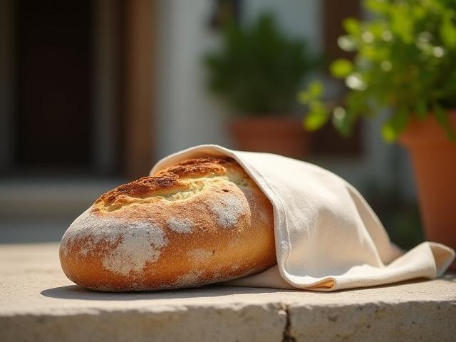 Freshly baked artisan bread in a branded cloth bag, being delivered