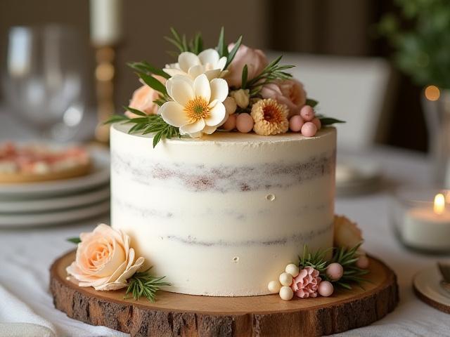 Beautifully decorated rustic cake on a wooden board, with delicate sugar flowers