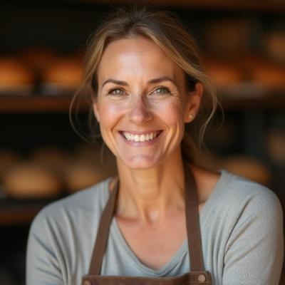 A warm, inviting portrait of Luanne E Anile, the baker and founder, smiling gently