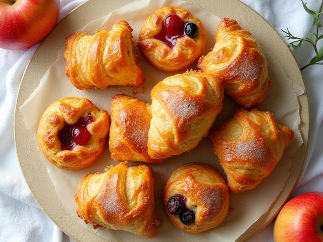 Assortment of golden-brown, flaky seasonal pastries with fresh fruit and glaze