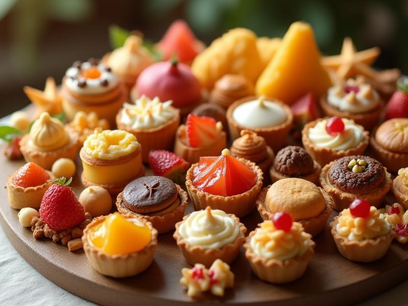 Elegant dessert platter filled with an assortment of small, beautifully arranged seasonal pastries and tarts.