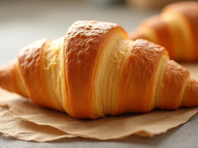 Golden, flaky classic butter croissant on a rustic baking sheet.