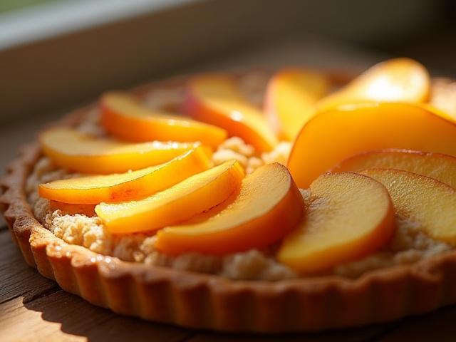 Close-up of a rustic peach frangipane tart with sliced peaches and almond filling.