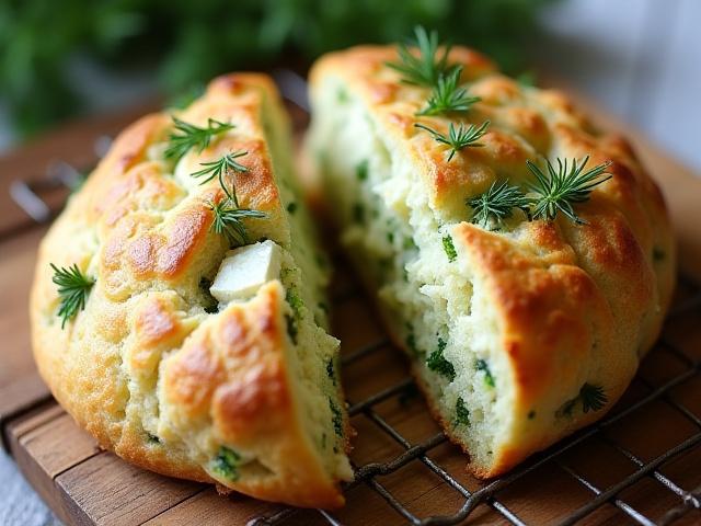 Savory zucchini and feta scone with fresh herbs, ready to be served.