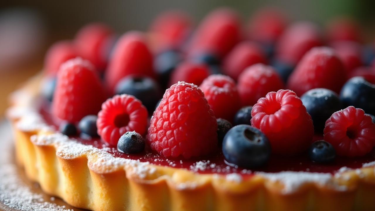 Vibrant summer berry tart with fresh berries and golden pastry crust, dusted with powdered sugar.