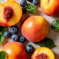 Ripe peaches, blueberries, and sunny leaves representing Summer pastries.