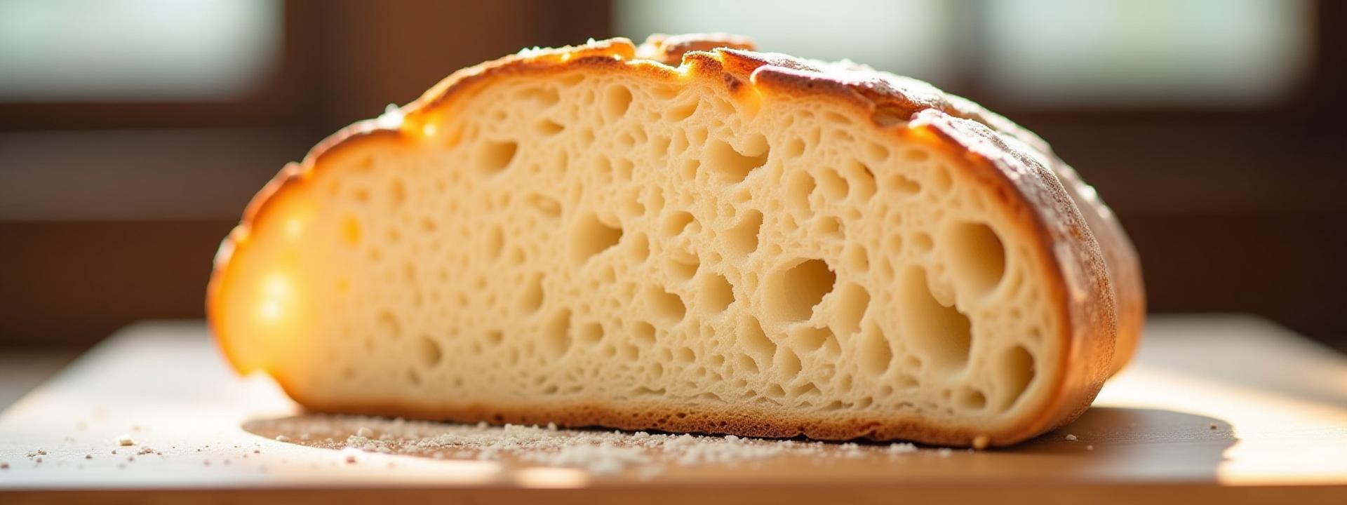 Perfectly sliced sourdough loaf revealing an open, rustic crumb texture on a wooden board.