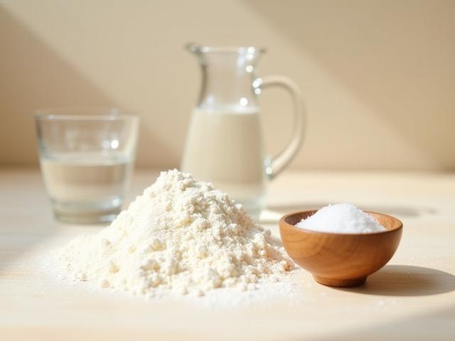 Artfully arranged high-quality baking ingredients: a mound of flour, a glass pitcher of water, and a small wooden bowl of flaky sea salt.